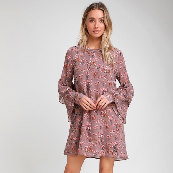 Lulus Dresses & Skirts - Day Date Mauve Floral Print Tiered Flounce Sleeve Mini Dress